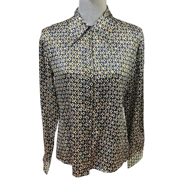 Express 100% Silk Blouse Women’s Medium Geometric Print Button Down Long Sleeve - Picture 1 of 11